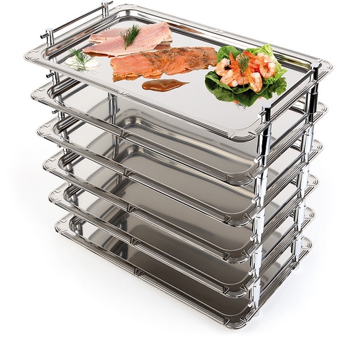 GN 1/1 System-Tablett 53 x 32,5 cm, Nutzhöhe 4 cm 18/10 Edelstahl fest verschraubte, verchromte Griffe inkl. Distanzstücke