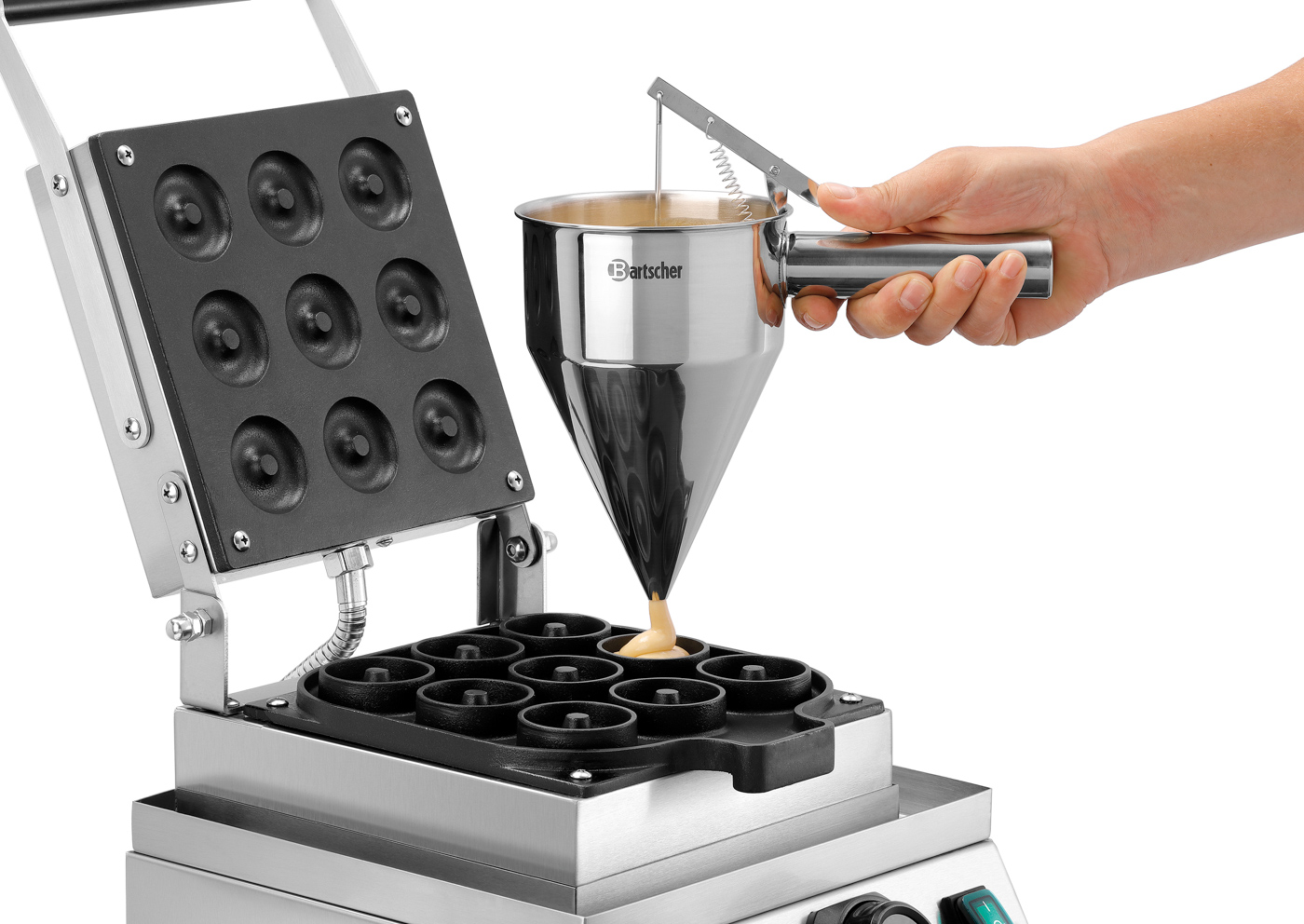 Bartscher Waffeleisen MDI Donut 900 |Eigenschaften: 1 Backeinheit mit 9 Donuts | Maße:30 x 45 x 25,0 cm. Gewicht: 9,4 kg