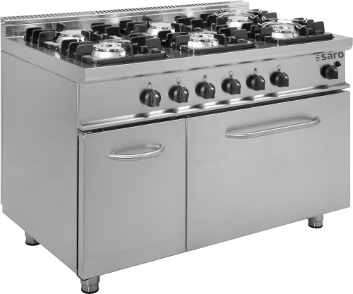 SARO Gasherd mit Gasbackofen Modell E7/KUPG6LN Made in Europe - Material: (Gehäuse) Edelstahl - 6 Gasbrenner: 3 x 4,5 kW (hinten) und 3 x