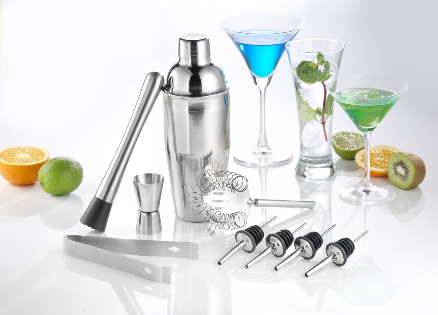 9-teiliges Cocktail Shaker Set FLORIDA aus Edelstahl 18/8 (Zubehör 201), bestehend aus je einem Cocktail Shaker Inhalt ca. 750 ml,
