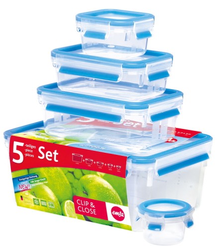 Emsa CLIP & CLOSE Frischhaltedosen-Set 5-teilig (0,15 + 0,20 + 0,55 + 1,00 + 3,70 Liter) aus Kunststoff - 100 % dicht - Made in Germany