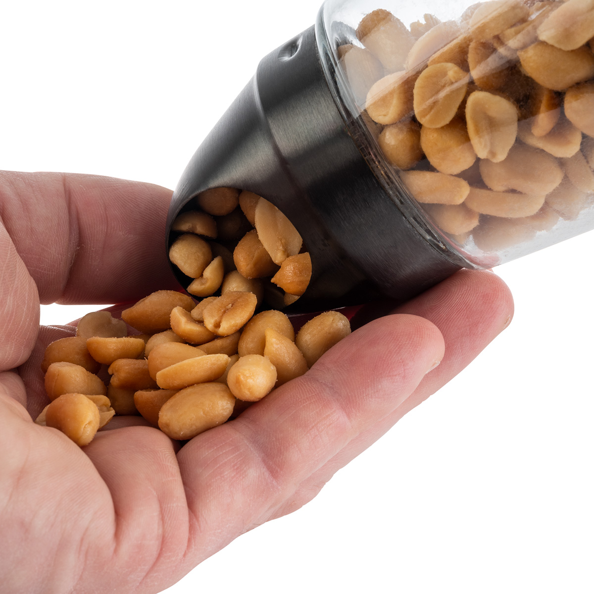 Snackspender, Ø 8,5 cm, H: 15,5 cm, Behälter aus Glas, Schraubdeckel aus Edelstahl, Gunmetal-Look, 350 ml, Öffnung: 3,5 x 2,5 cm (oval)