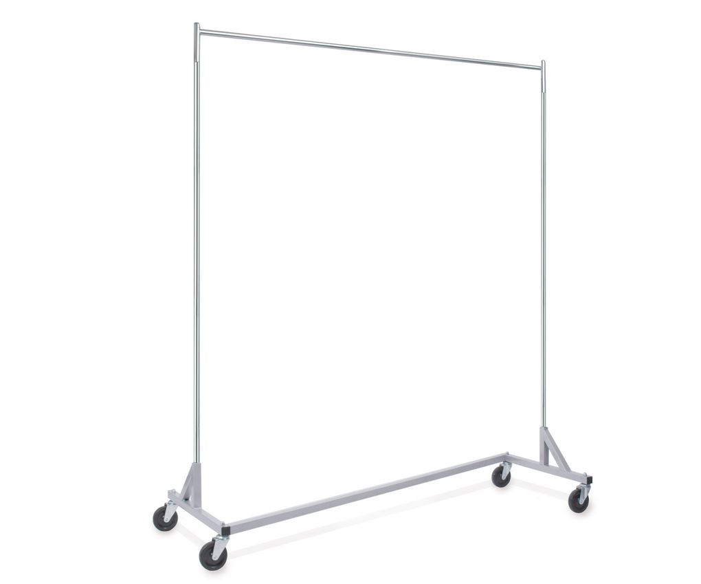 Industrie-Rollständer in Z-Form mit grauem Fuß, aus stabilem runden Stahlrohr. Maß: 185 cm x 160 cm x 61 cm (HxxBxT)