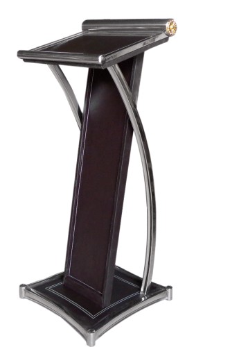 Rednerpult. Edelstahl. Mittelteil aus Holz mit Kunststoff-Beschichtung, Artikel wird