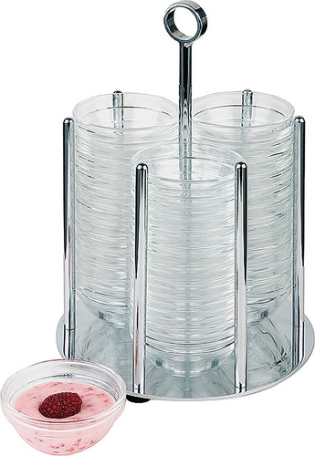 Schälchenspender MINI aus verchromtem Metall, Durchmesser: 14cm, Höhe: 25,5 cm. Inkl. 36 Schalen mit 0,026l und 6cm Durchmesser.