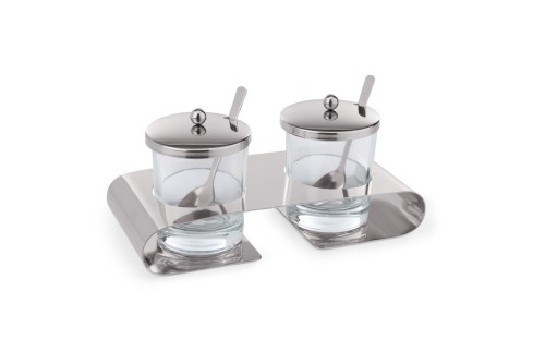 Parmesan/Marmeladen Menage. Chromnickelstahl/Behälter aus Glas. mit zwei