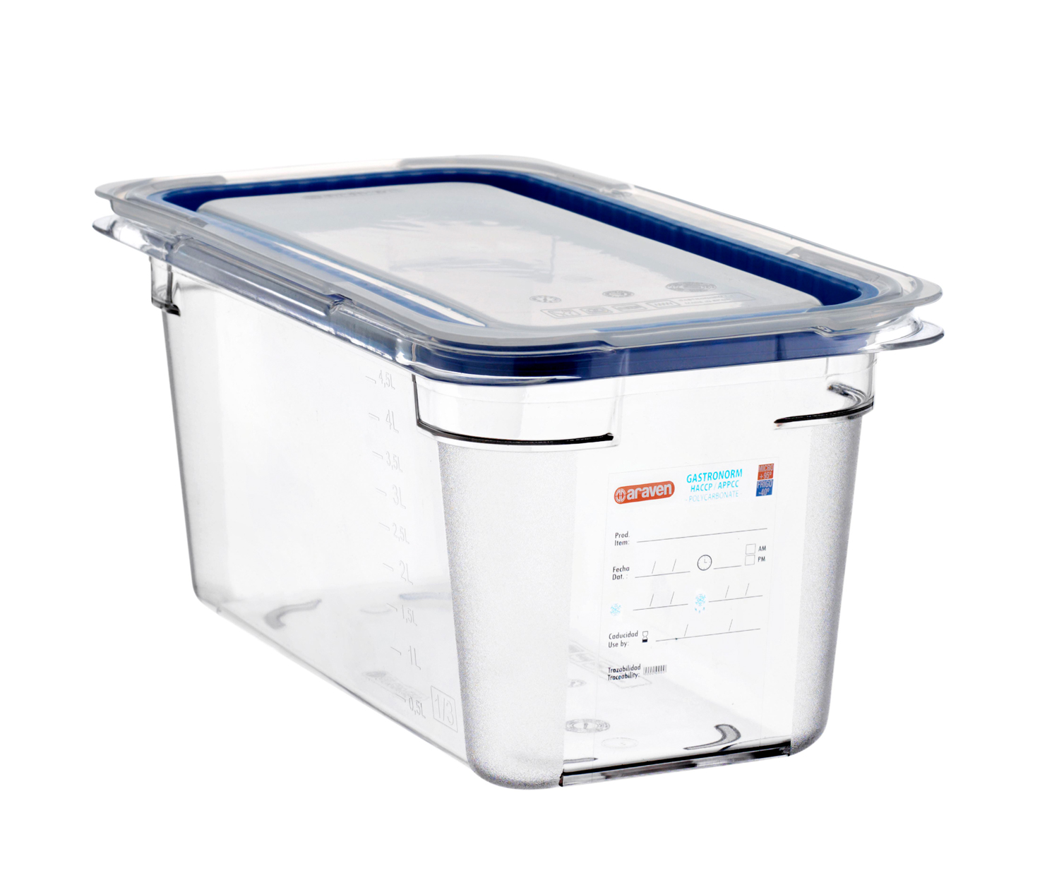 ARAVEN luftdichter Polycarbonat Behälter GN 1/3 150mm Höhe und 4,7 Liter Fassungsvermögen mit Deckel, durchsichtig