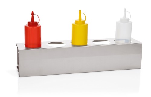 Quetschflaschenhalter. passend für 3 Quetschflaschen. Chromnickelstahl. Maße: 53 x 10,5 x