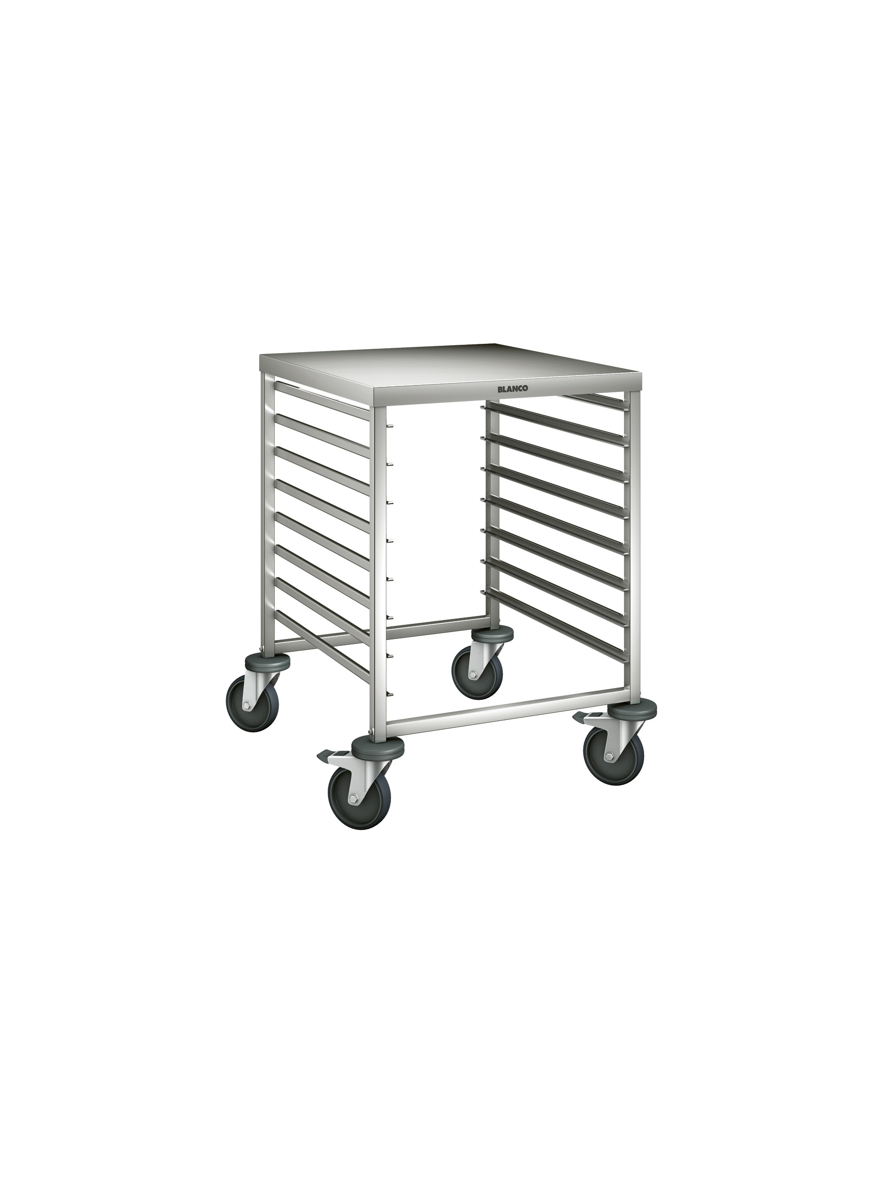 BLANCO Regalwagen a. rostfreiem Edelstahl mit stahlverzinkten Rollen, mit Arbeitsplatte, Auflagenpaare: 8 Paar, Auflagenabstand: 73 mm,
