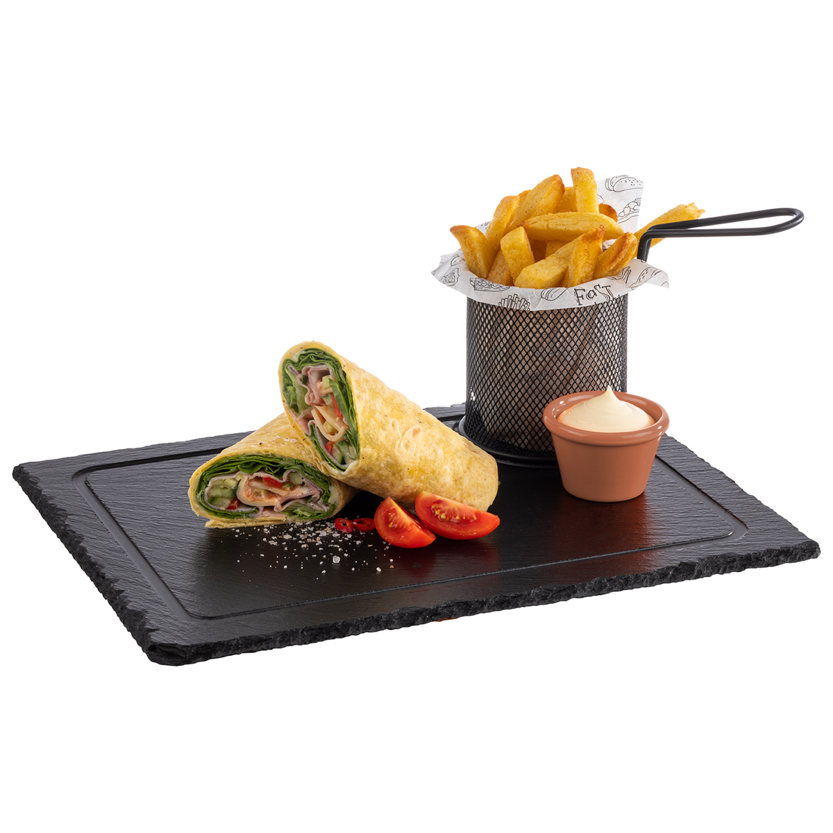 Naturschieferplatte, 33 x 24 cm, Materialstärke 6-9 mm, schonende Füßchen, glänzende, versiegelte, Oberfläche, Saftrinne, Ø 9,5 cm