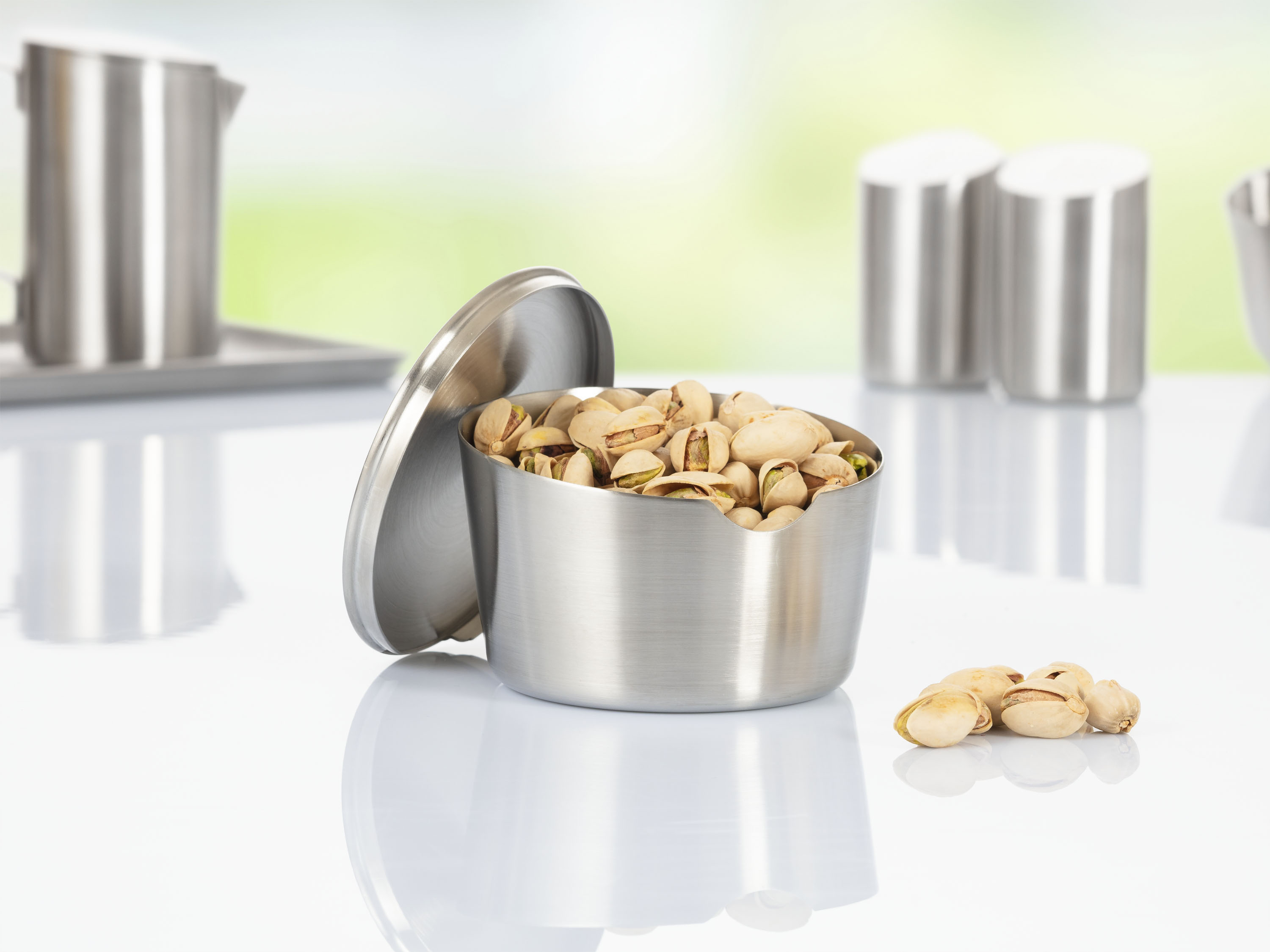 Zuckertopf mit Deckel VISTA, Durchmesser: 100 mm, Höhe: 62 mm, Inhalt: 230 g, mit gebürsteter Oberfläche,