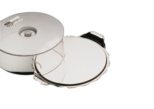 Tortenplatte mit Haube Ø 30 cm, H: 10 cm Tortenplatte: 18/0 Edelstahl mit Barock-Rand Haube: Polystyrol -BAROK- stapelbar