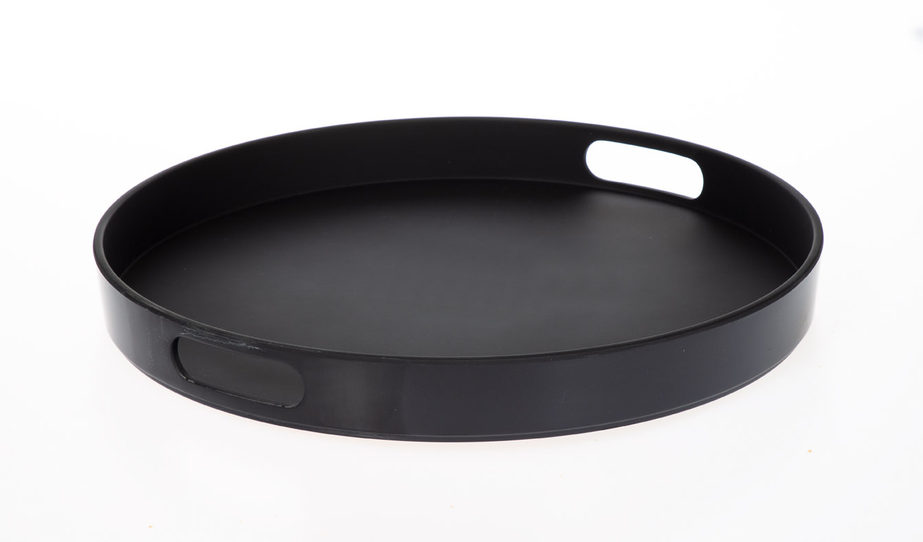 Profi-Tablett GRIP aus schwarzem MELAMIN mit Griffen und rutschfester Beschichtung, rund, 35,5 cm Durchmesser, 4,5 cm hoch.