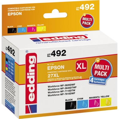 edding Tintenpatrone Epson 27XL EDD-492 ca. 1.300 Seiten schwarz, ca. 3 x 1.200 Seiten farbig kein Originalzubehör schwarz,