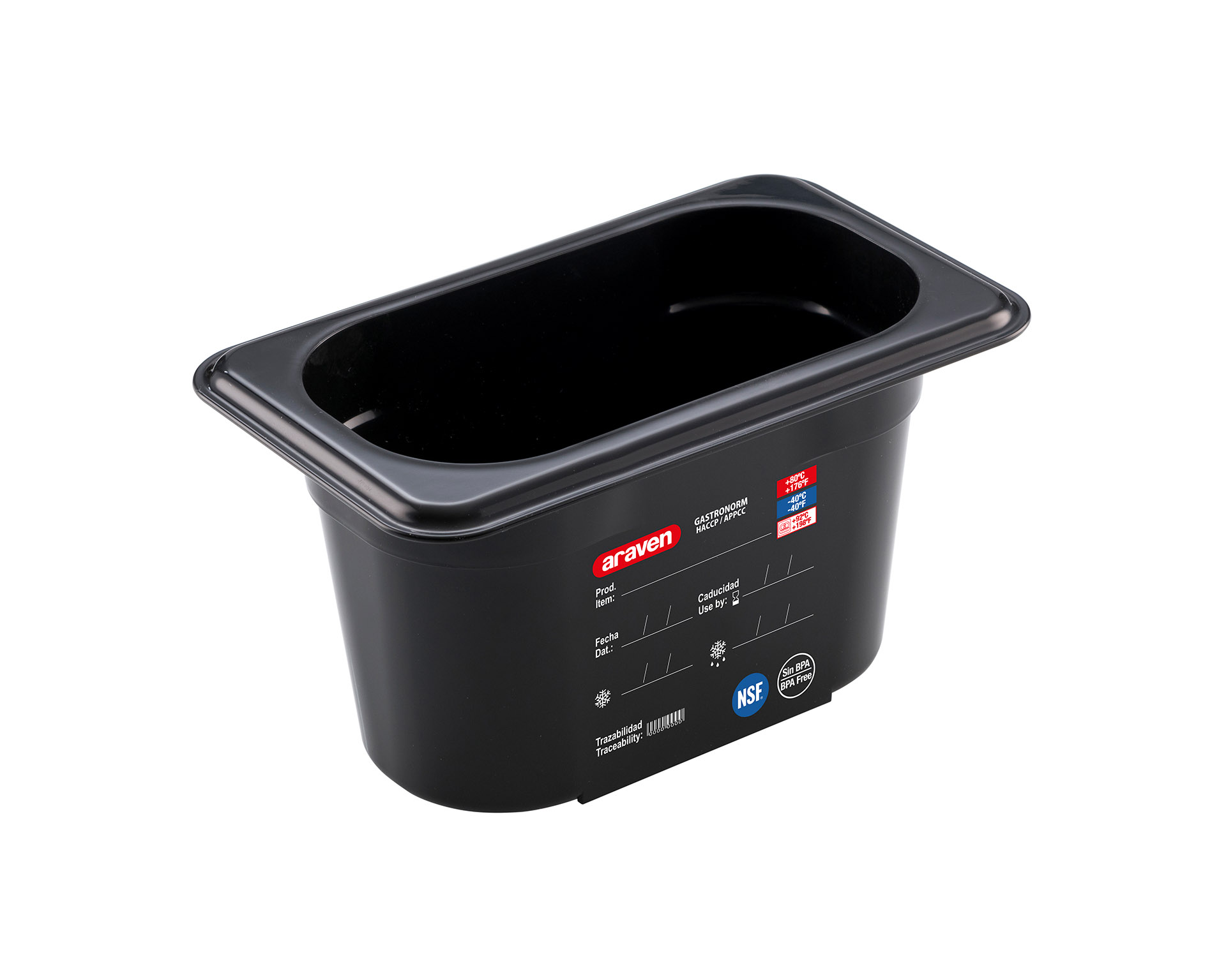 ARAVEN Behälter GN 1/9 100mm Höhe und 0,9 Liter Fassungsvermögen, BPA-frei und schwarz