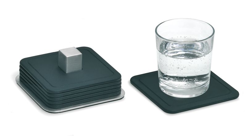 Blomus Silikonuntersetzer TRAYAN, quadratisch, Maße: 95 x 95 mm, Set à 6 Untersetzer im Edelstahlbehälter.