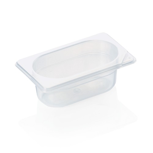 GN 1/9 Behälter, BPA frei, Deckel fest schließend, Behälter und Deckel können mit HACCP Clips farbig markiert werden, mit Skalierung.