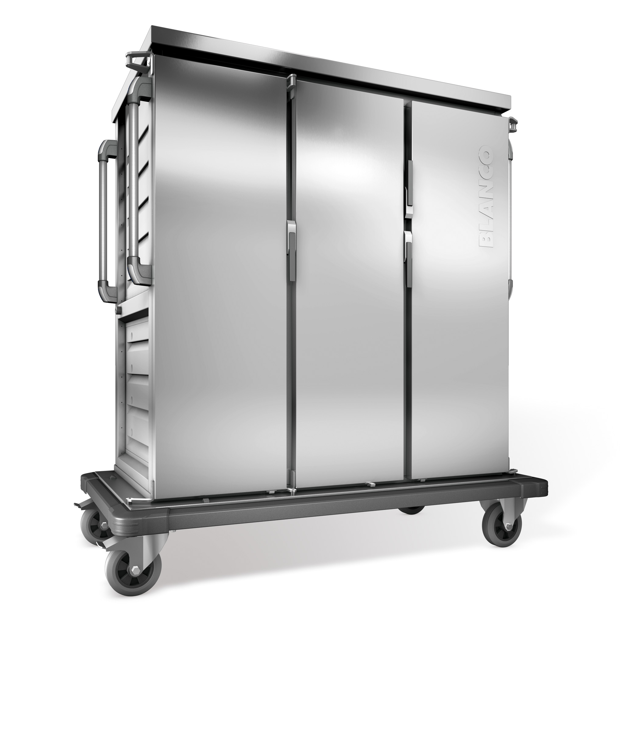 BLANCO Tablett-Transportwagen, einwandig, 3 Flügeltüren / 3 Schrankräume, 4 stahlverzinkte Rollen Ø 160 mm, 2 Bockrollen und 2 Lenkrollen mit