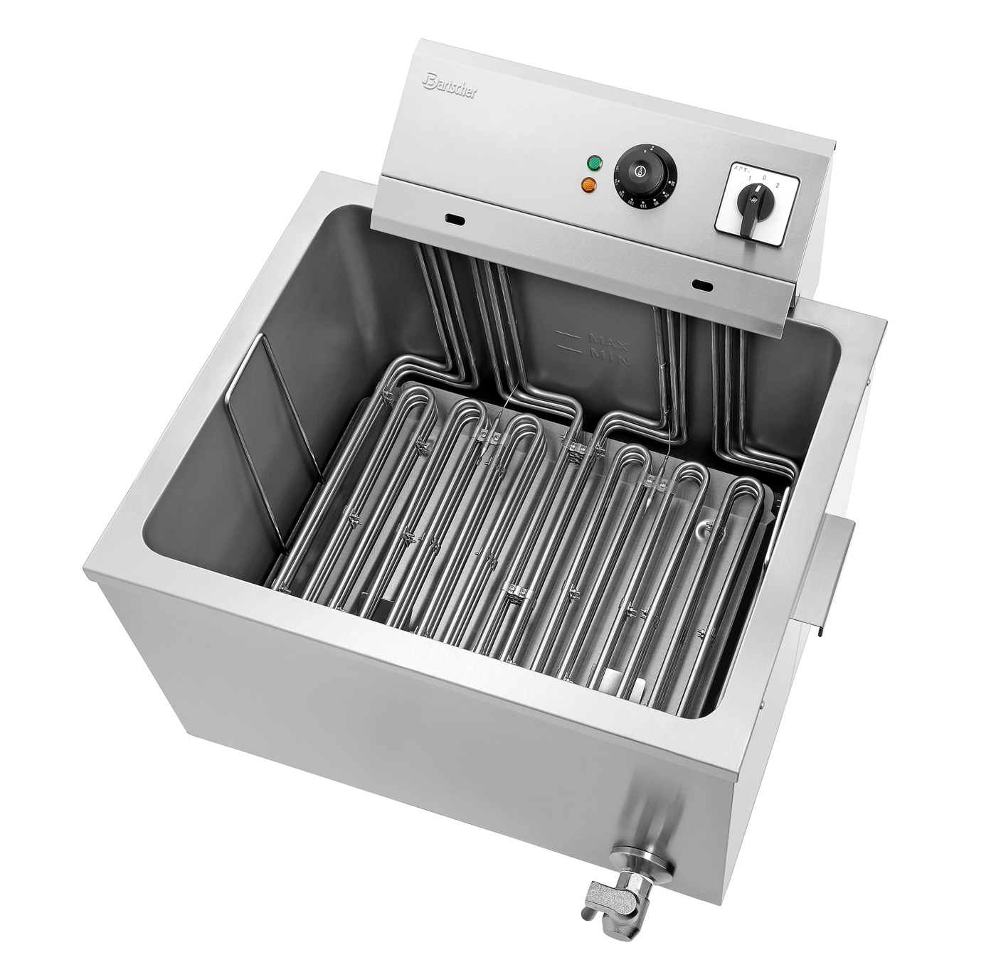 Bartscher Fritteuse GRANDE 50L | Eigenschaften: Abgerundete Ecken ,Ablasshahn mit Sicherheitsvorrichtung | Maße: 65 x 63 x 460 cm.