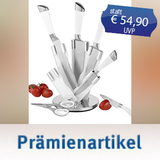 7-teiliges Messerset QUASERE mit Messerblock. Messer aus Edelstahl mit weiß lackierten Griffen In einer farbig bedruckten Faltschachtel.