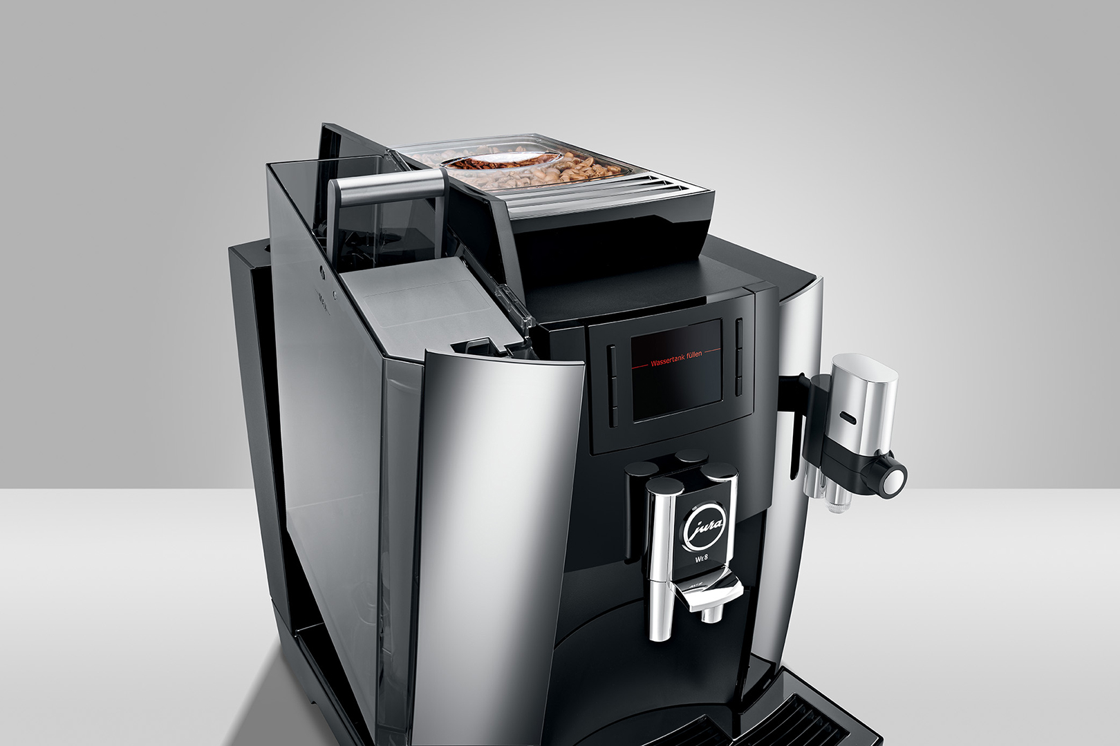 Kaffeevollautomat Jura WE8 in Chrom, mit 2,8 Zoll TFT-Farbdisplay für zahlreiche Kaffee-Spezialitäten auf Knopfdruck