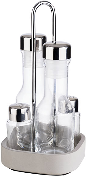 Menage -ELEMENT- 12,5 x 12,5 cm, H: 25 cm Set bestehen aus: - Basis, Beton Metall, verchromt Pfeffer- und Salzstreuer Essig-