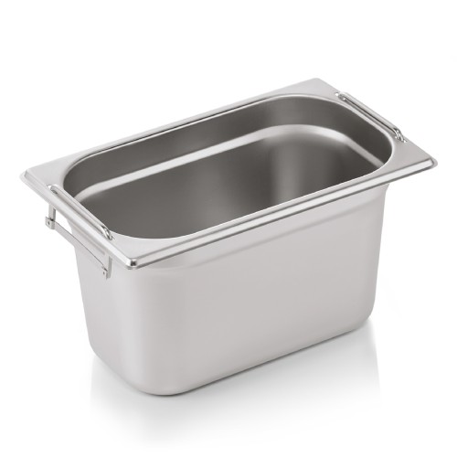 GN 1/4 Behälter, Materialstärke 0,6 mm, mit Fallgriffen. Material: Chromnickelstahl. Serie: GN 73. Inhalt in Litern: 4. Maße: Höhe: 150 mm