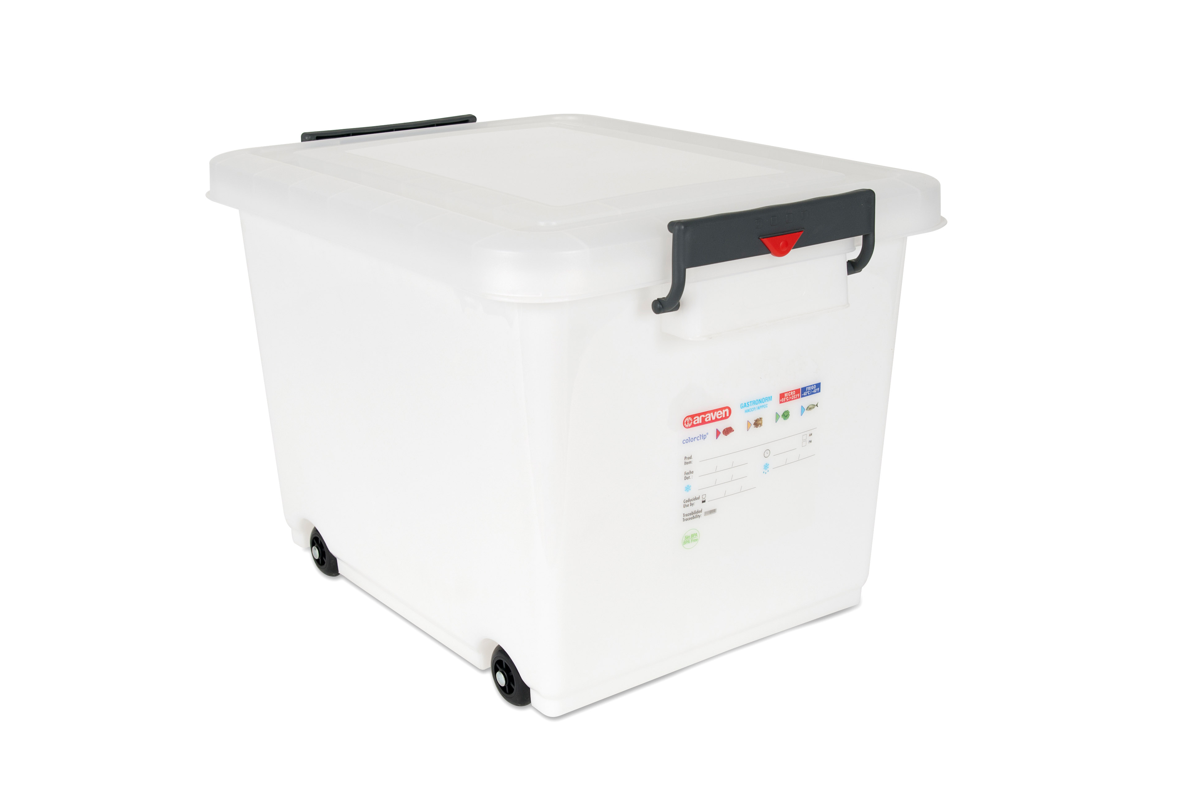 ARAVEN Lebensmittelvorratsbehälter mit Deckel und 60 Liter Füllvermögen in den Abmessungen 530x396x378mm