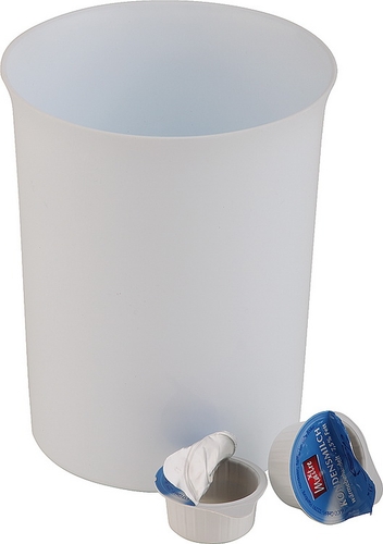 Tischabfallbehälter aus Kunststoff, in weiß. Volumen: 0,9 Liter, Maß: Ø 11,3 cm, Höhe: 14 cm.