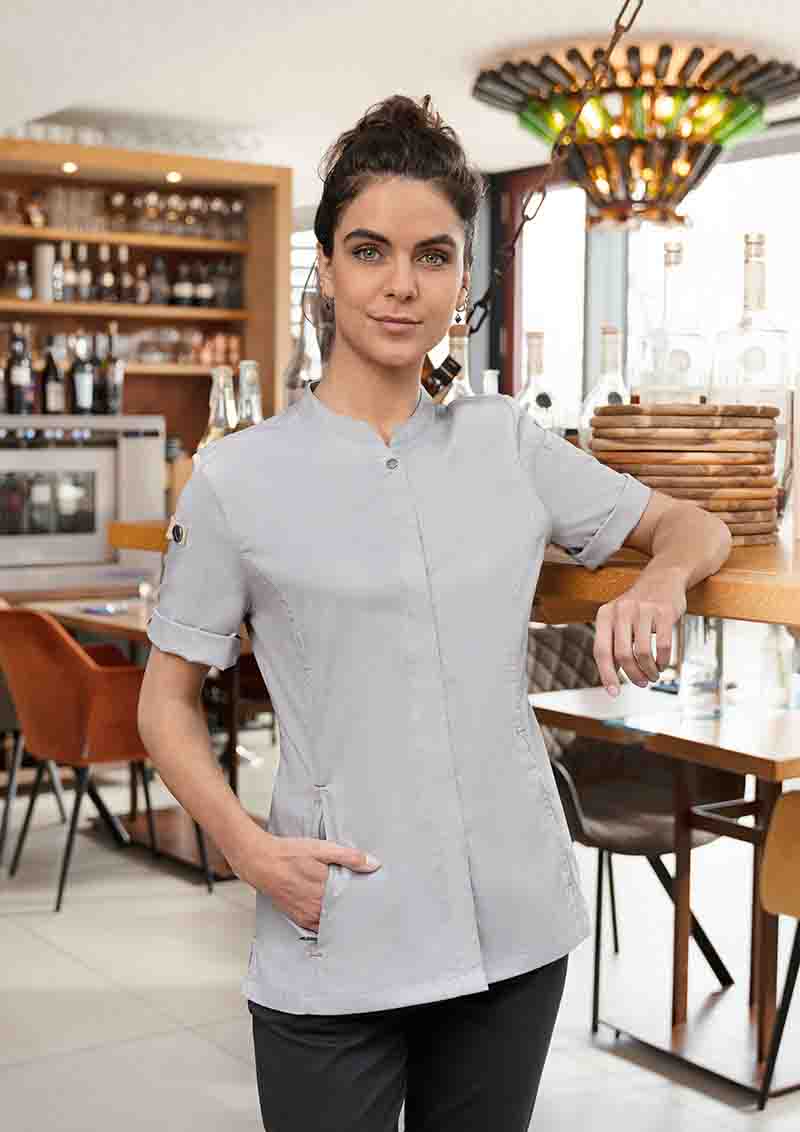 Kurzarm Damenkochjacke Green-Gen., aus nachhalt. Material , 72% GRS Cert. Rec. Polyester / 28% Convent. Cotton - Gr. 48 - schwarz - von Karlowsky