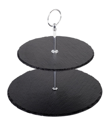 2-stufige Etagère Ø 25 / 20 cm, H: 24 cm Naturschiefer Metall verchromt Materialstärke 6-9 mm möbelschonende Füßchen