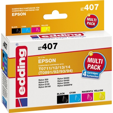 edding Tintenpatrone Epson T0711/T0712/T0713/T0714/T0891/T0892/T0893/T0894 EDD-407 schwarz, mehrfarbig 4 St./Pack.