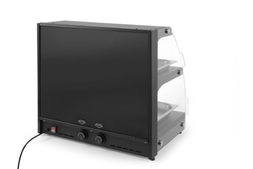 Warmhaltevitrine mit Quartzheizung, 2 Auslagen. Gehärtetes Glas an den Seiten, geschwungene Glastüren