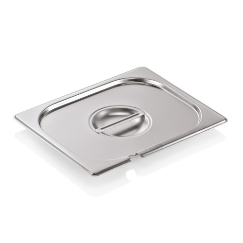 GN 1/2 Deckel mit Löffelaussparung, Materialstärke 0,7 mm. Material: Chromnickelstahl 18/8. Serie: GN 90.