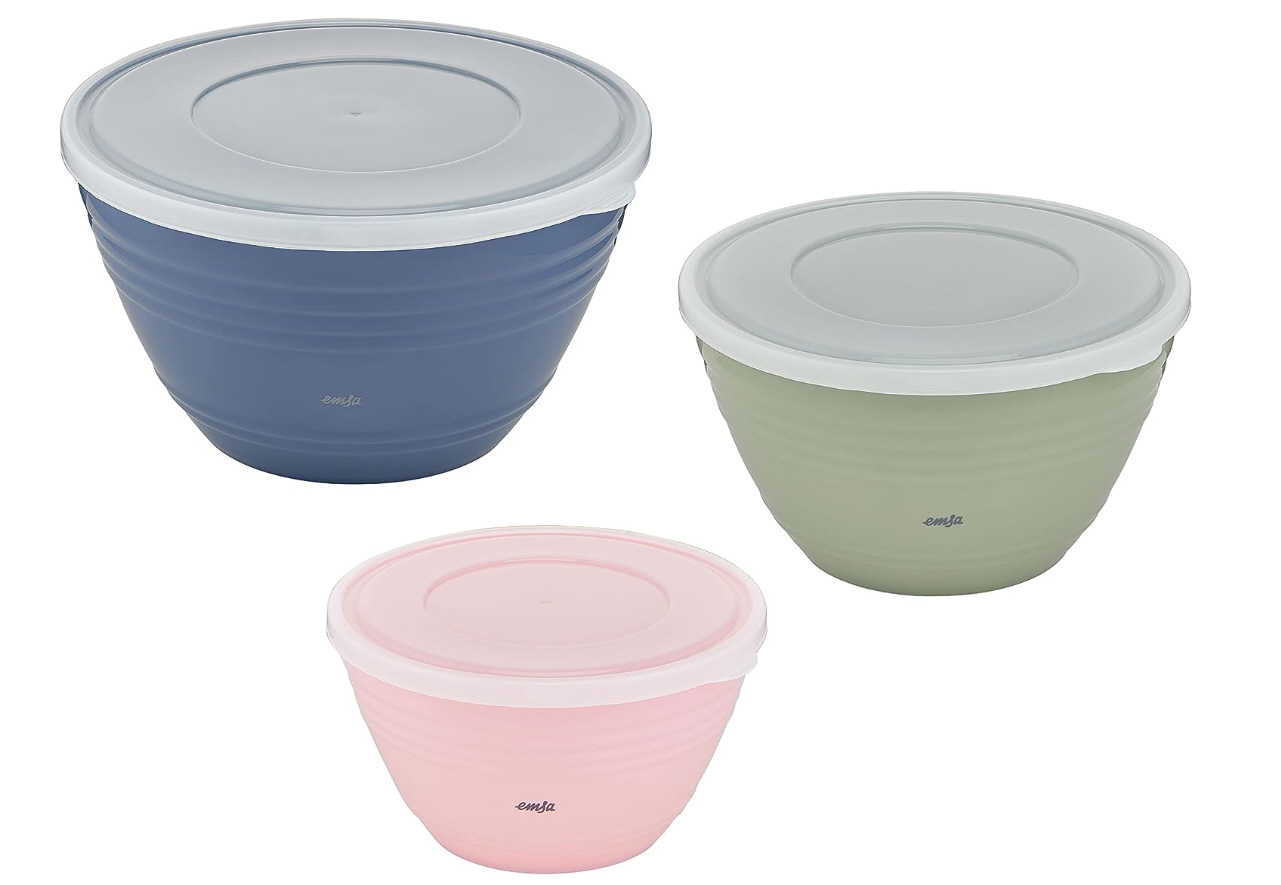 Emsa Prep & Bake Rührschüsselset mit Deckel 1,7 L (rosa) + 2,75 L (grün) + 4,15 L (blau), spülmaschinenfest.