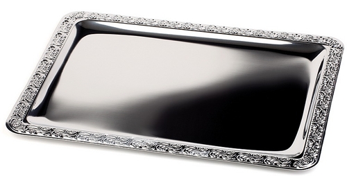 Tablett -SCHÖNER ESSEN- 35 x 24 cm 18/0 Edelstahl, mit Dekorrand spülmaschinengeeignet stapelbar