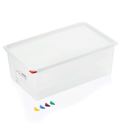 GN 1/1 Behälter, BPA frei, Deckel hermetisch schließend, Inklusive 5 Markierungs-Clips in den Farben: rot, blau, gelb, grün, lila, Behälter sind