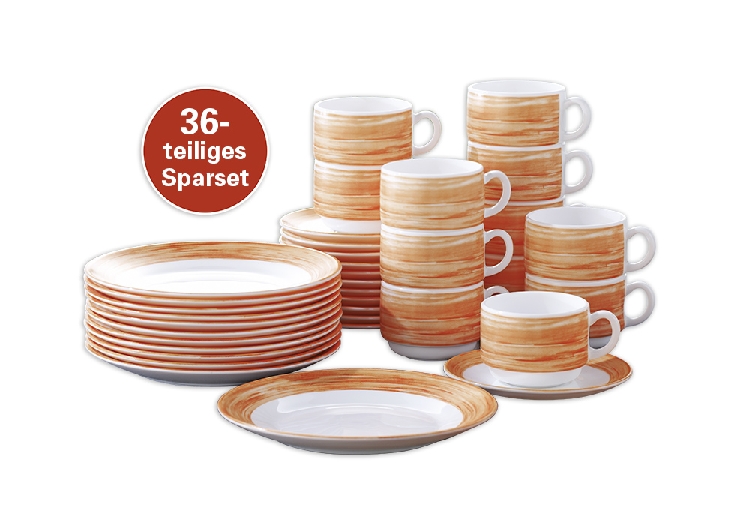 36-teiliges SPARSET BRUSH Orange von Arcoroc Hartglasgeschirr mit farbigem Dekor, stapelbar, spülmaschinengeeignet