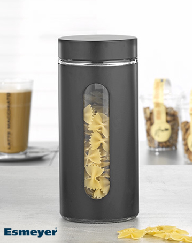 Zeller Vorratsdose EBONY, Inhalt: 1,2 Liter, Material: Glas mit schwarzer Metall-Ummantelung, Sichtfenster,Höhe: 23 cm,