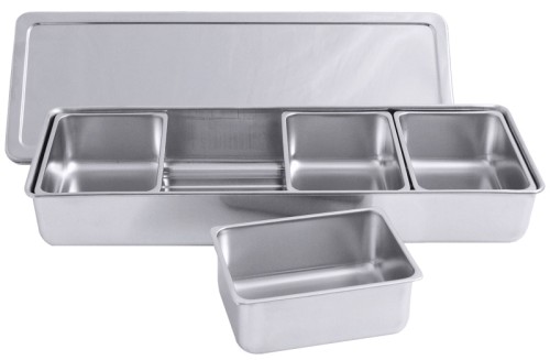 Gewürzkasten aus Edelstahl 18/10, hochglänzend, mit 4 losen Einsätzen von 14 x 10 x 5,6 cm Grösse Länge: 40 cm, Breite: 14 cm, Höhe: