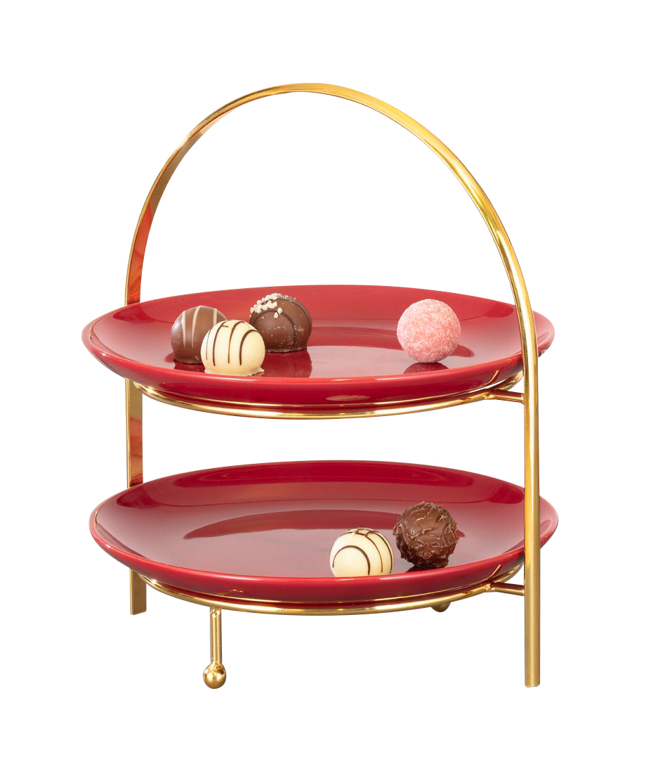 Etagere MILO, 2-stufig, Ständer aus goldfarbenem Metall, Teller bordeaux, Durchmesser: ca. 21 cm.
