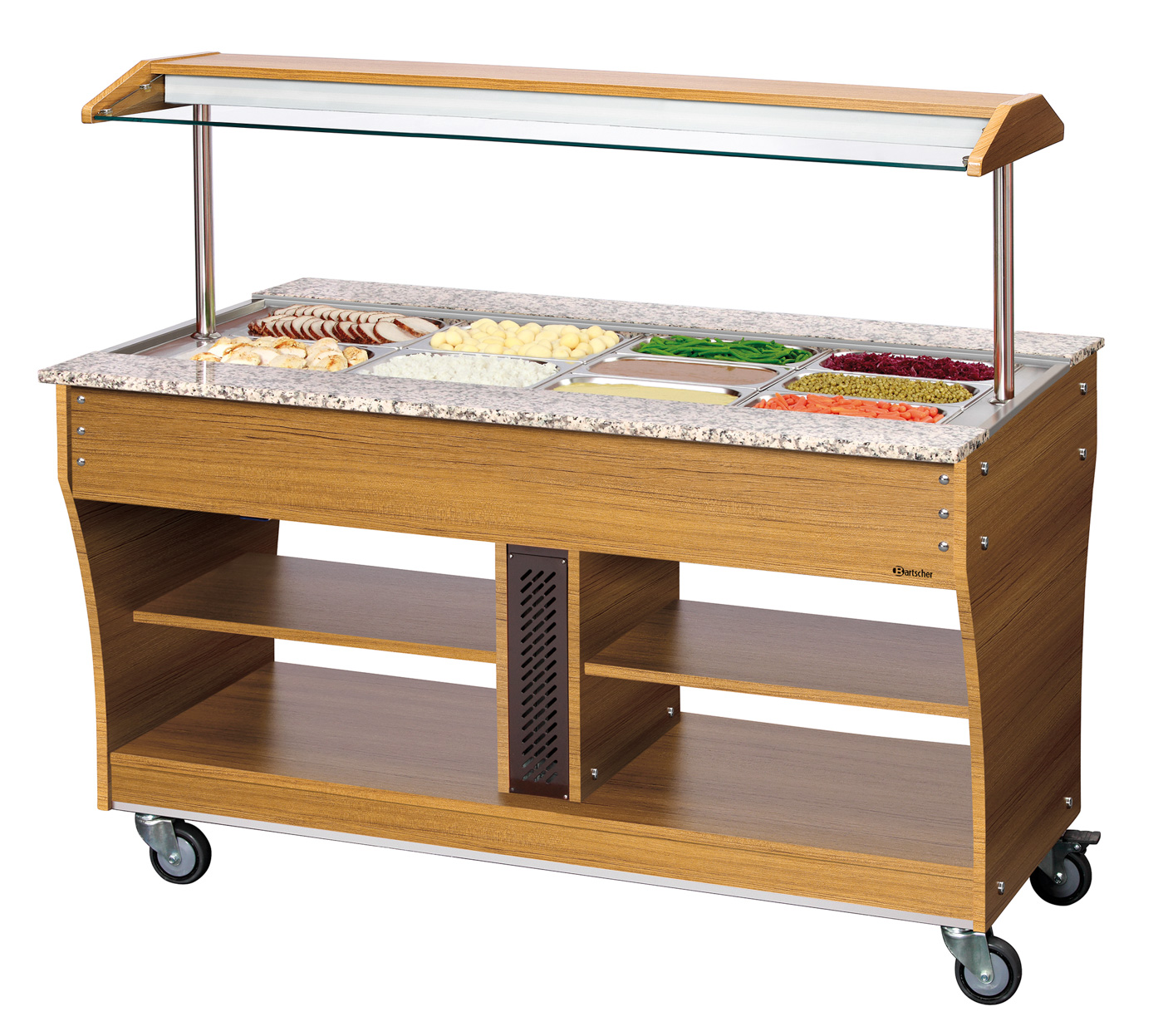 Bartscher Buffetwagen, warm, 4x 1/1GN |Temperaturbereich von: 30 °C | Maße: 149 x 88 x137,0 cm. Gewicht: 136 kg