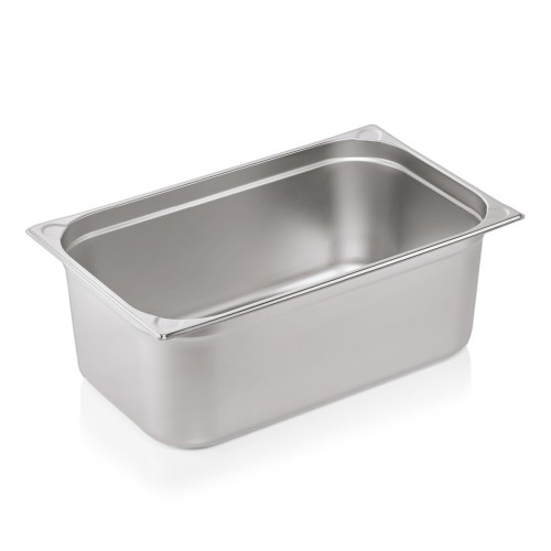 GN 1/1 Behälter, Materialstärke 0,6 mm, Randverstärkung durch geprägte U-Ecken. Material: Chromnickelstahl. Serie: GN 76. Inhalt in Litern: