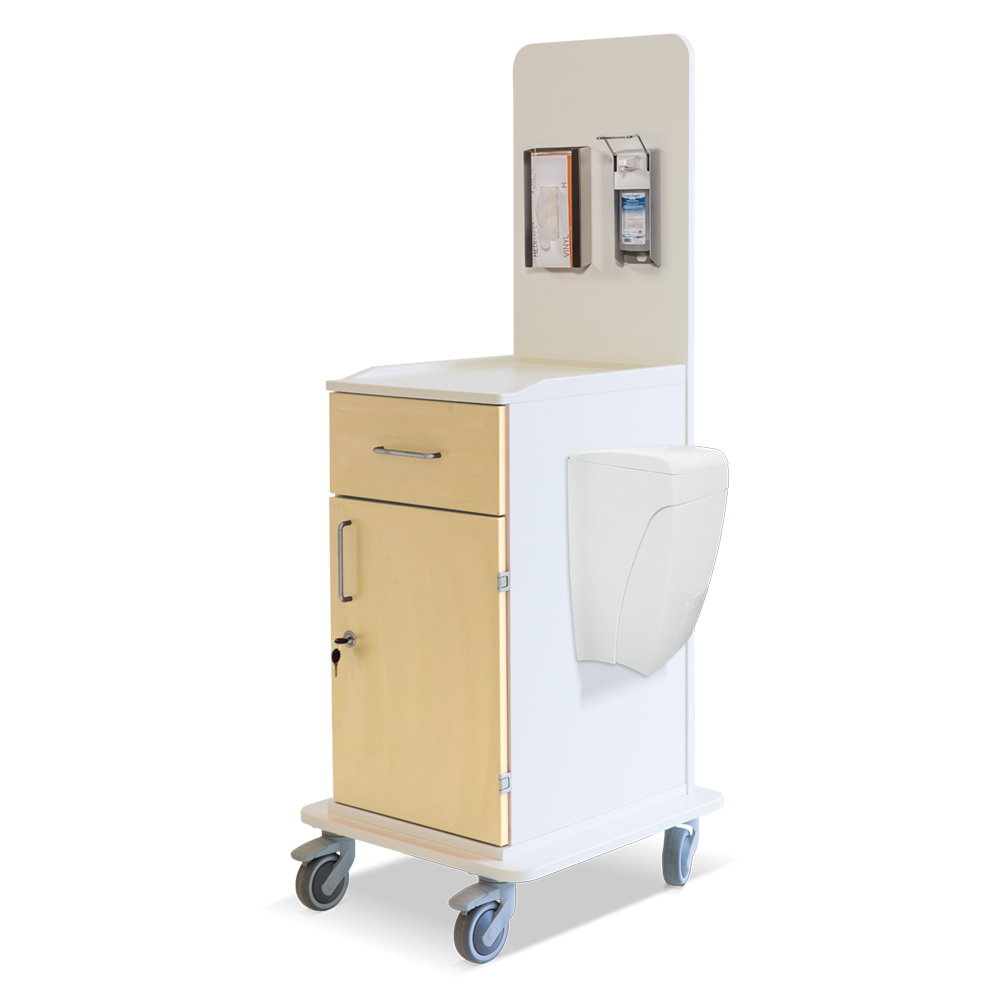 ETHERNASOLID® MULTICART Arbeitswagen T15 mit Mülleimer, Handschuhbox-Halterung und Desinfektionsspender für 500-ml-Euroflaschen,