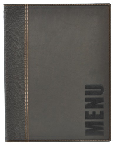 Speisekartenmappe für DIN A4 Blätter einschließlich einer Einlegefolie aus feinem Kunstleder, mit Aufdruck MENU, leicht zu
