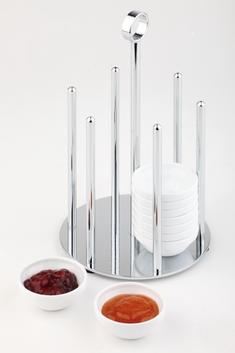 Schälchenspender MINI aus verchromtem Metall, Durchmesser: 14cm, Höhe: 25,5 cm. Geeignet für 36 Schalen mit 6 cm durchmesser.