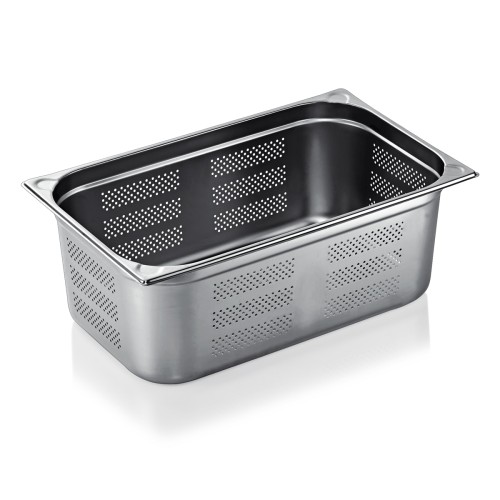 GN 1/1 Behälter, Boden- und Seitenlochung. Materialstärke 0,6 mm, Randverstärkung durch geprägte U-Ecken. Material: Chromnickelstahl.
