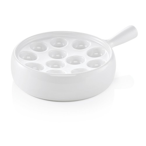 Schneckenpfanne, für 12 Schnecken. Mit Stielgriff. Material: Porzellan. Durchmesser: 20 cm.