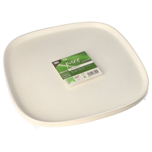 PAPSTAR 12 Teller groß, Zuckerrohr "pure" 1,3 cm x 30 cm x 30 cm weiss "Belle Vie, Ligne Carrée"