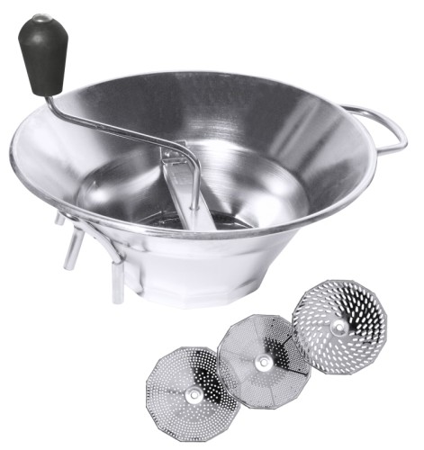 Passiergerät aus Edelstahl 18/10, mit einem seitlichen Griff, geliefert mit drei auswechselbaren Klingenstahleinsätzen (Ø 14 cm),